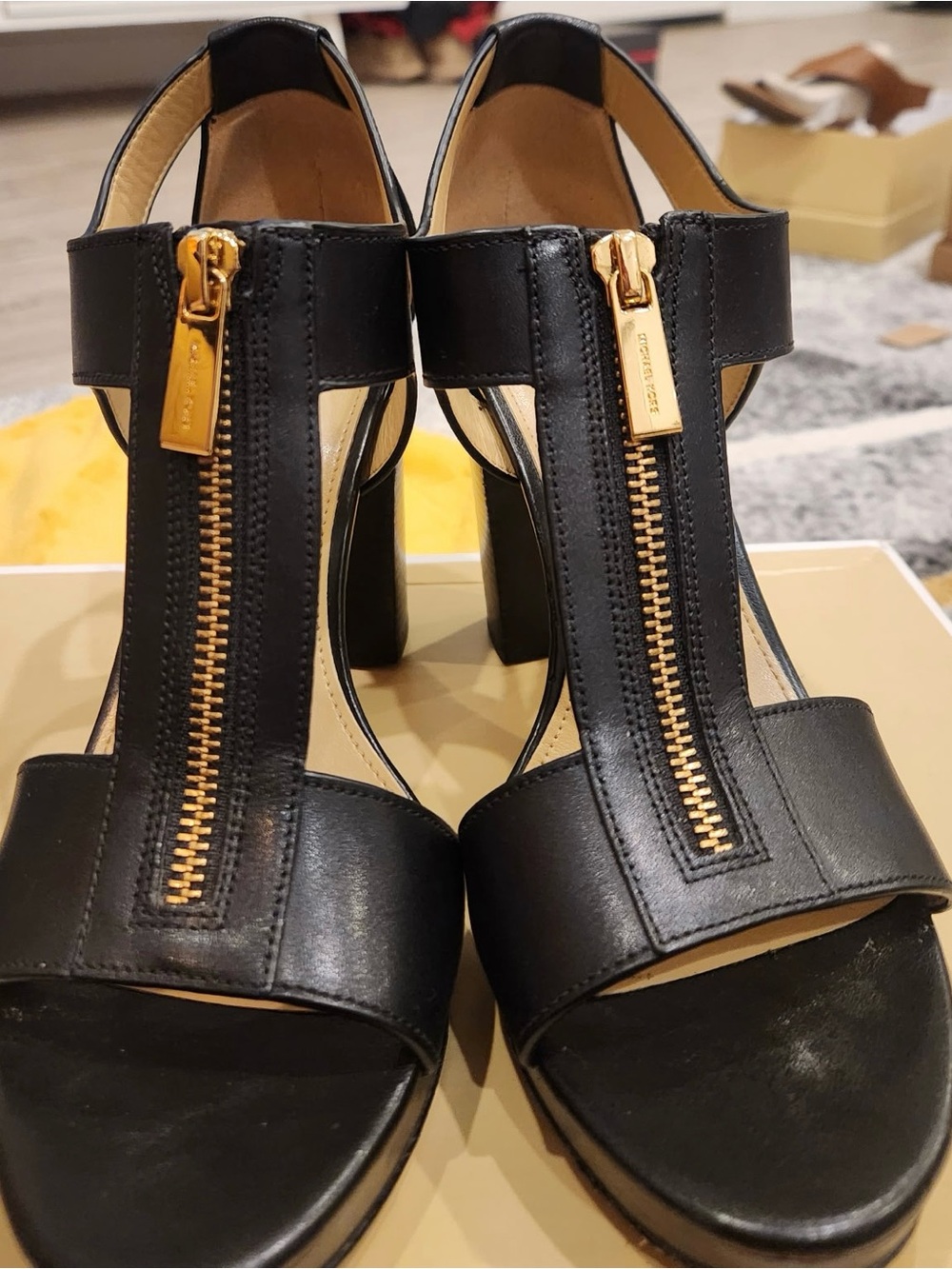 Michael Kors Black Leather T-Strap Block Heels with Gold Zippers